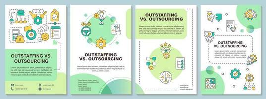 Outstaffing and outsourcing difference green brochure template. Leaflet design with linear icons. Editable 4 vector layouts for presentation, annual reports