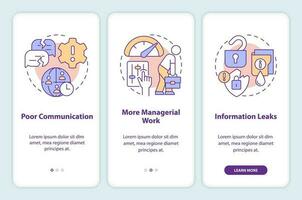 Outstaffing disadvantages onboarding mobile app screen. Data leaks walkthrough 3 steps editable graphic instructions with linear concepts. UI, UX, GUI template vector