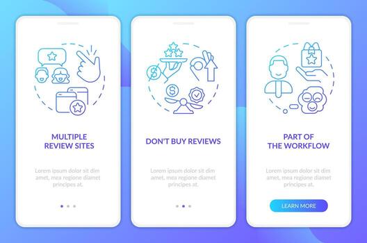 Gathering online reviews blue gradient onboarding mobile app screen. Walkthrough 3 steps graphic instructions with linear concepts. UI, UX, GUI template vector