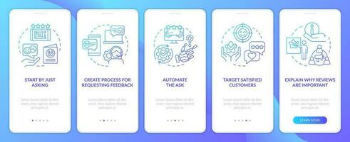 Getting good product reviews blue gradient onboarding mobile app screen. Walkthrough 5 steps graphic instructions with linear concepts. UI, UX, GUI template vector