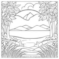 Landscape Coloring book, mountains and river. vector