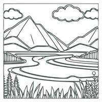 Landscape Coloring book, mountains and river. vector