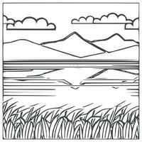 Landscape Coloring book, mountains and river. vector