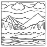 paisaje colorante libro, montañas y río. vector