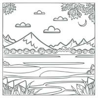 Landscape Coloring book, mountains and river. vector