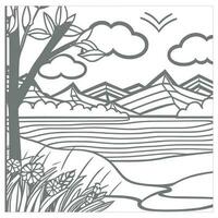 Landscape Coloring book, mountains and river. vector