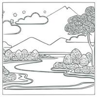 Landscape Coloring book, mountains and river. vector