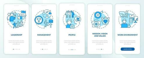 Factors that affect workplace culture blue onboarding mobile app screen. Walkthrough 5 steps editable graphic instructions with linear concepts. UI, GUI template vector