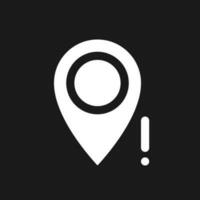 Wrong pin location dark mode glyph ui icon. Missing place on map. User interface design. White silhouette symbol on black space. Solid pictogram for web, mobile. Vector isolated illustration