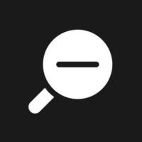 Magnifying glass with minus for map dark mode glyph ui icon. Magnifier. User interface design. White silhouette symbol on black space. Solid pictogram for web, mobile. Vector isolated illustration