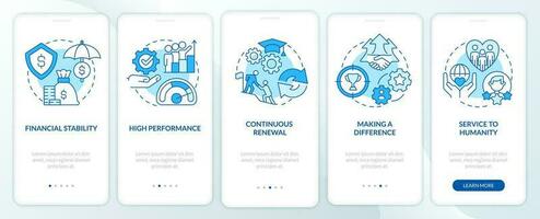 Organizational culture attributes blue onboarding mobile app screen. Walkthrough 5 steps editable graphic instructions with linear concepts. UI, UX, GUI template vector