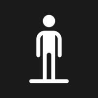 Standing pedestrian dark mode glyph ui icon. Person waiting to cross road. User interface design. White silhouette symbol on black space. Solid pictogram for web, mobile. Vector isolated illustration