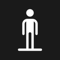 Standing pedestrian dark mode glyph ui icon. Person waiting to cross road. User interface design. White silhouette symbol on black space. Solid pictogram for web, mobile. Vector isolated illustration