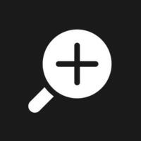 Magnifying glass with plus for map dark mode glyph ui icon. Zoom in text. User interface design. White silhouette symbol on black space. Solid pictogram for web, mobile. Vector isolated illustration