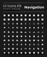 Tracking location white glyph ui icons set for dark mode. Silhouette symbols on black background. Solid pictograms for web, mobile. Vector isolated illustrations