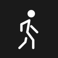 Pedestrian dark mode glyph ui icon. Walking person. Passerby on crosswalk. User interface design. White silhouette symbol on black space. Solid pictogram for web, mobile. Vector isolated illustration