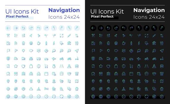 GPS and navigation pixel perfect gradient linear ui icons set for dark, light mode. Line contour user interface symbols. Vector isolated outline illustrations
