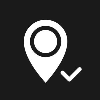 Reaching pinned destination dark mode glyph ui icon. Approved place. User interface design. White silhouette symbol on black space. Solid pictogram for web, mobile. Vector isolated illustration