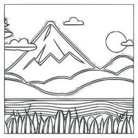 Landscape Coloring book, mountains and river. vector