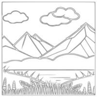 Landscape Coloring book, mountains and river. vector