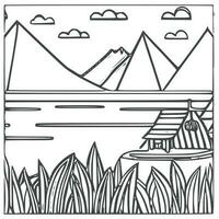 Landscape Coloring book, mountains and river. vector