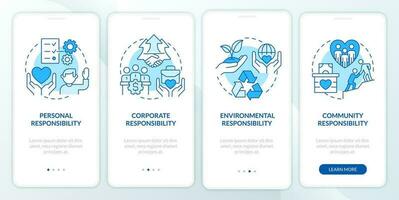 Types of CSR blue onboarding mobile app screen. Personal responsibility walkthrough 4 steps editable graphic instruction with linear concepts. UI, UX, GUI template vector