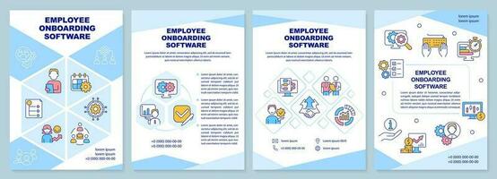 Employee onboarding software blue brochure template. Leaflet design with linear icons. Editable 4 vector layouts for presentation, annual reports