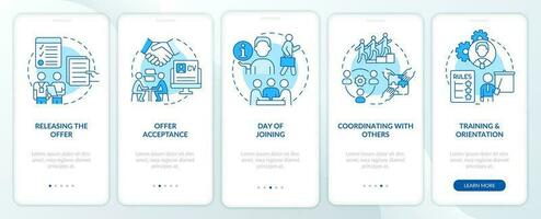 Team joining process blue onboarding mobile app screen. Employment walkthrough 5 steps editable graphic instructions with linear concepts. UI, UX, GUI template vector