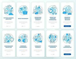 Moral standards to business blue onboarding mobile app screen set. Walkthrough 5 steps editable graphic instructions with linear concepts. UI, UX, GUI template vector