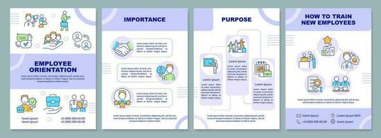 Employee orientation purple brochure template. Onboarding. Leaflet design with linear icons. Editable 4 vector layouts for presentation, annual reports