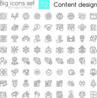 Content design linear icons set. Creating materials for business promotion. Customizable thin line symbols. Isolated vector outline illustrations. Editable stroke