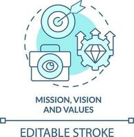 Mission, vision and values turquoise concept icon. Affecting workplace culture abstract idea thin line illustration. Isolated outline drawing. Editable stroke vector