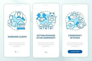 Ethical practices in banks blue onboarding mobile app screen. Walkthrough 3 steps editable graphic instructions with linear concepts. UI, UX, GUI template vector