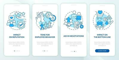 Benefits of business ethics blue onboarding mobile app screen. Walkthrough 4 steps editable graphic instructions with linear concepts. UI, UX, GUI template vector