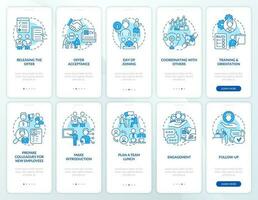 Developing employee integration blue onboarding mobile app screen set. Walkthrough 5 steps editable graphic instructions with linear concepts. UI, UX, GUI template vector