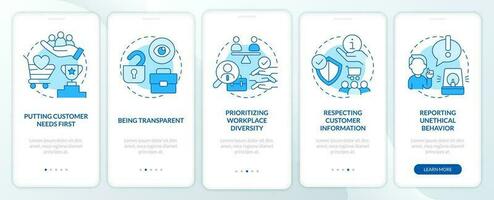 Ethics in customer dealings blue onboarding mobile app screen. Walkthrough 5 steps editable graphic instructions with linear concepts. UI, UX, GUI template vector