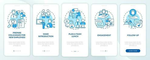 Developing adaptation process blue onboarding mobile app screen. Walkthrough 5 steps editable graphic instructions with linear concepts. UI, UX, GUI template vector