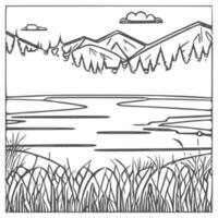 paisaje colorante libro, montañas y río. vector