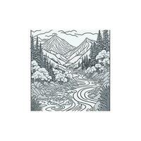 Coloring book . Lovely landscape, river and mountains. vector