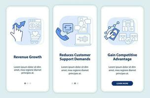 Customer engagement platform light blue onboarding mobile app screen. Walkthrough 3 steps editable graphic instructions with linear concepts. UI, UX, GUI template vector