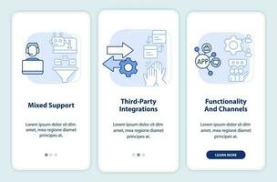 clientela compromiso plataforma caracteristicas ligero azul inducción móvil aplicación pantalla. recorrido 3 pasos editable instrucciones con lineal conceptos. ui, ux, gui modelo vector