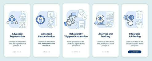 Customer engagement platform features light blue onboarding mobile app screen. Walkthrough 5 steps editable instructions with linear concepts. UI, UX, GUI template vector