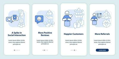 Tracking customer engagement light blue onboarding mobile app screen. Walkthrough 4 steps editable graphic instructions with linear concepts. UI, UX, GUI template vector