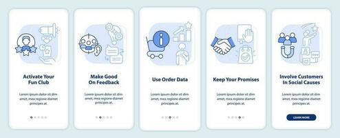 Customer engagement methods light blue onboarding mobile app screen. Walkthrough 5 steps editable graphic instructions with linear concepts. UI, UX, GUI template vector