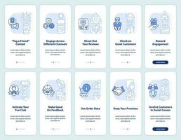 Digital customer engagement light blue onboarding mobile app screen set. Walkthrough 5 steps editable instructions with linear concepts. UI, UX, GUI template vector