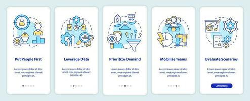 Supply chain priorities onboarding mobile app screen. Management walkthrough 5 steps editable graphic instructions with linear concepts. UI, UX, GUI template vector