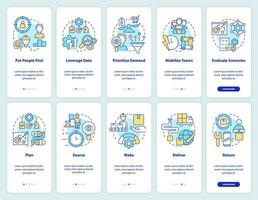 Supply chain priorities and parts onboarding mobile app screen set. Walkthrough 5 steps editable graphic instructions with linear concepts. UI, UX, GUI template vector