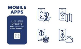 Mobile apps linear desktop icons set. Market research. Information technology. Digital tools. Pixel perfect 128x128, outline 4px. Isolated user interface elements pack for website. Editable stroke vector