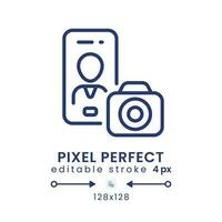 Photography app linear desktop icon. Photo editing. Mobile phone. Development tool. Pixel perfect 128x128, outline 4px. GUI, UX design. Isolated user interface element for website. Editable stroke vector