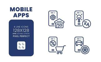 Mobile apps linear desktop icons set. E-commerce. Digital assistants. Software development. Pixel perfect 128x128, outline 4px. Isolated user interface elements pack for website. Editable stroke vector